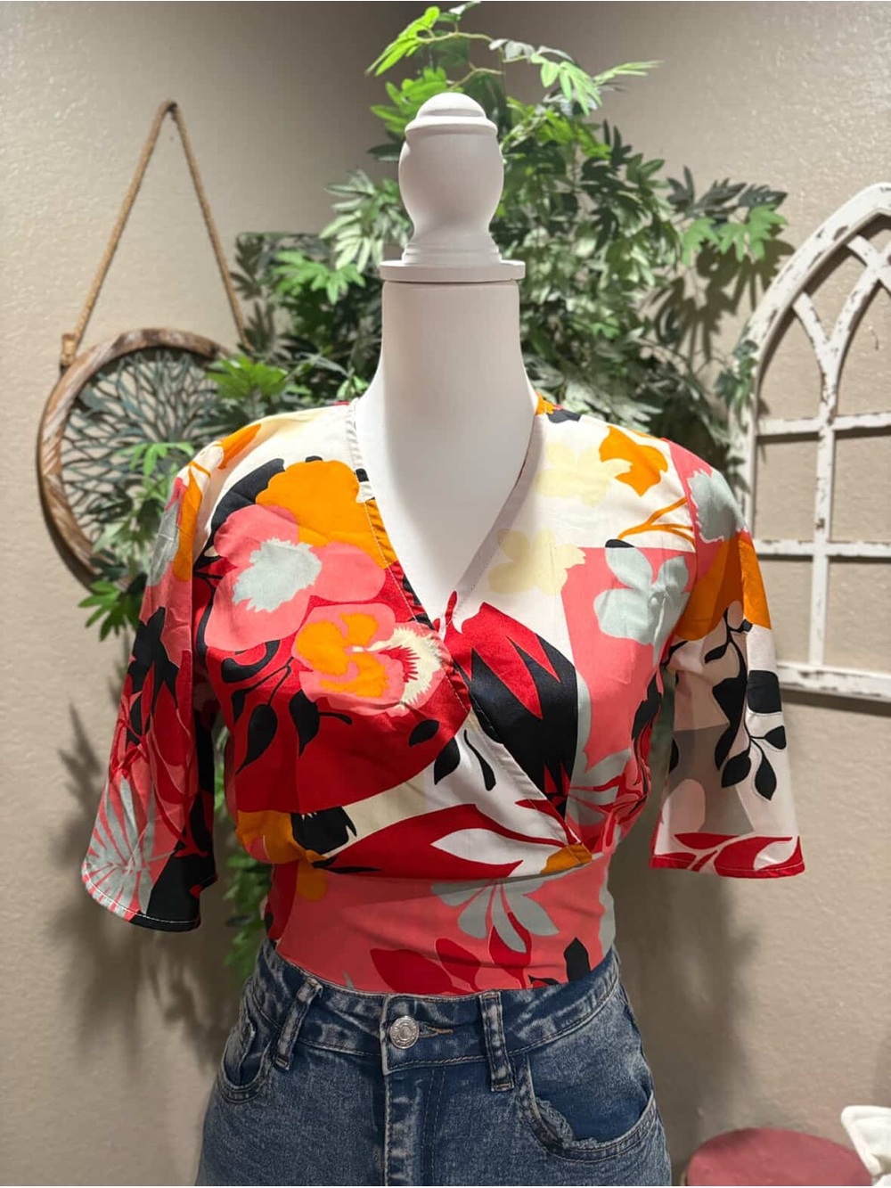 Floral Wrap V-Neck Crop Top in Coral Multi